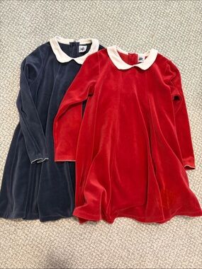 TWO Petite Bateau Velvet Peter Pan Collar Dresses - Red & Navy Sz 8 - Twins!